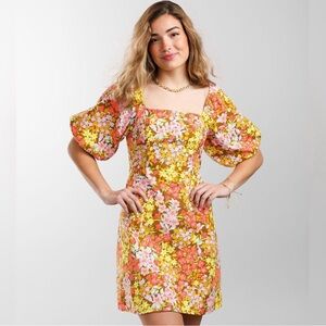 Billabong Yellow and Orange Puff Sleeve Mini Dress